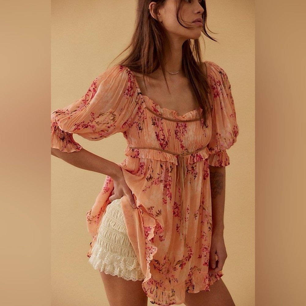 Free People Marney Mini Babydoll Dress Floral Puff Sleeve Velvet Ribbon NWT Sz M